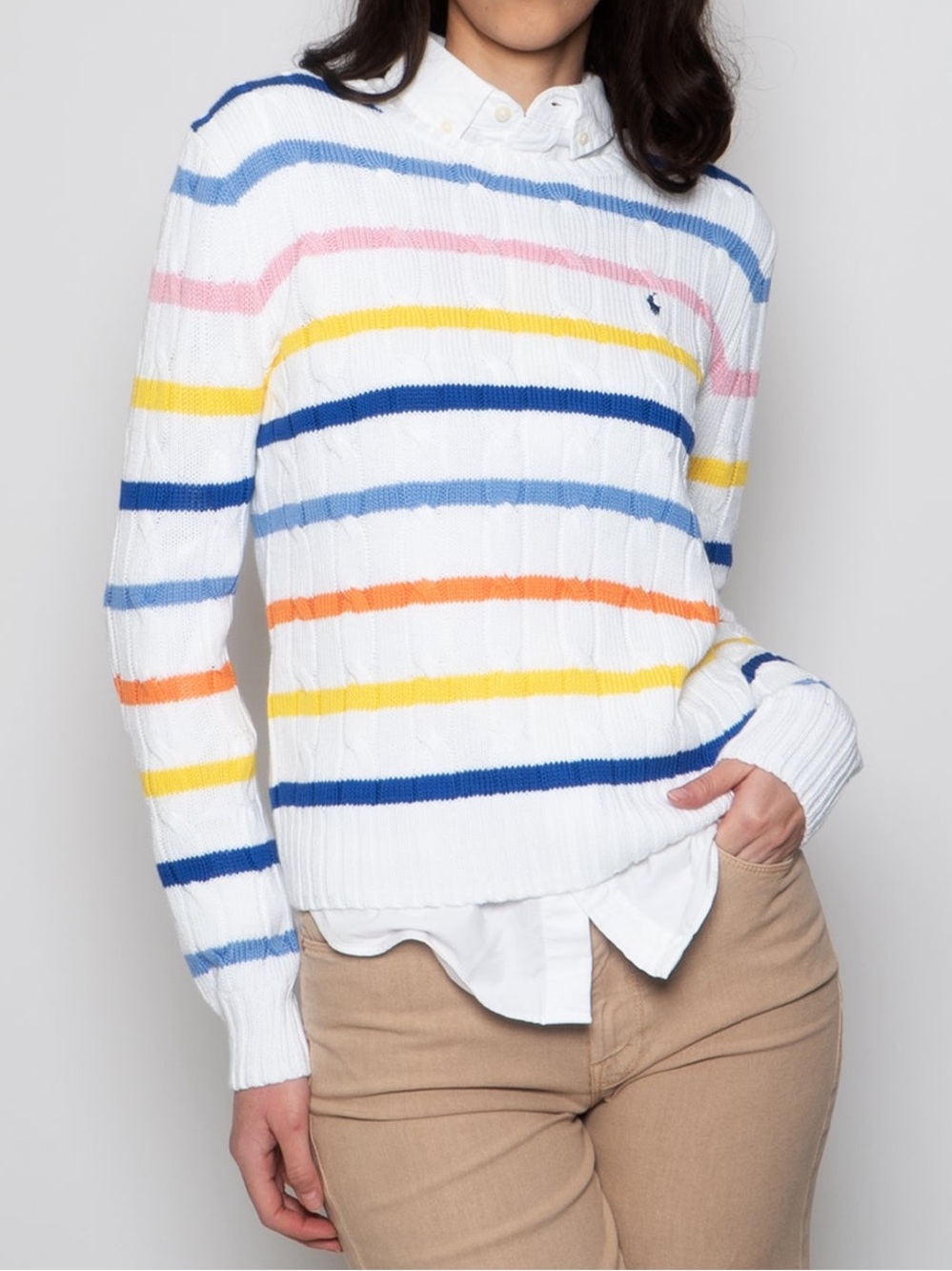 Polo Ralph Lauren Julianna White Striped Cable Knit Sweater Cotton Size Small - Picture 4 of 11